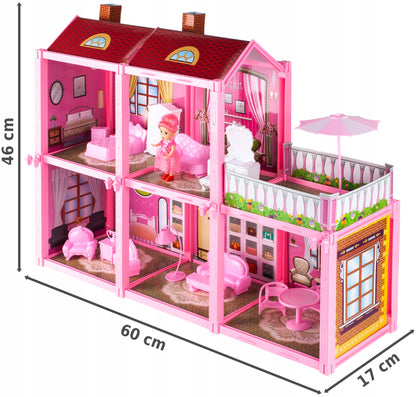 Casuta de Papusi cu Mobilier Dream House idealSTORE, Dimensiuni 46 x 60 x 17 cm, Include 5 camere, Terasa cu Umbrela, 13 Accesorii specifice casei, O Papusa Jucausa, Toate intr-un decor de poveste, Constructie Solida