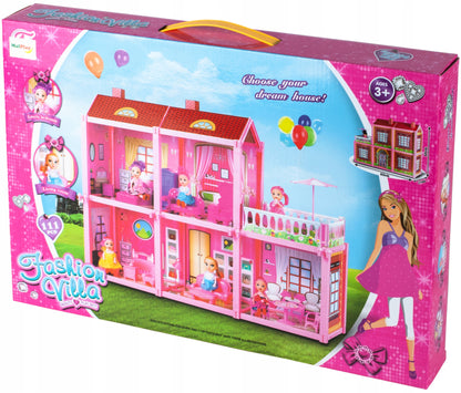 Casuta de Papusi cu Mobilier Dream House idealSTORE, Dimensiuni 46 x 60 x 17 cm, Include 5 camere, Terasa cu Umbrela, 13 Accesorii specifice casei, O Papusa Jucausa, Toate intr-un decor de poveste, Constructie Solida