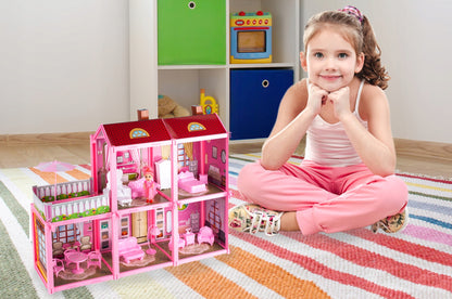 Casuta de Papusi cu Mobilier Dream House idealSTORE, Dimensiuni 46 x 60 x 17 cm, Include 5 camere, Terasa cu Umbrela, 13 Accesorii specifice casei, O Papusa Jucausa, Toate intr-un decor de poveste, Constructie Solida