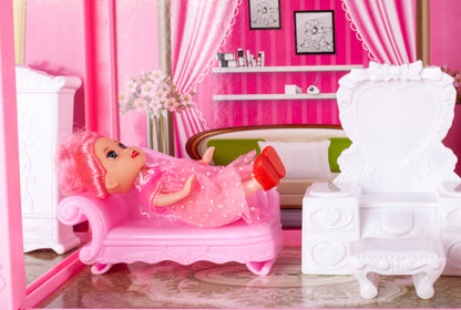 Casuta de Papusi cu Mobilier Dream House idealSTORE, Dimensiuni 46 x 60 x 17 cm, Include 5 camere, Terasa cu Umbrela, 13 Accesorii specifice casei, O Papusa Jucausa, Toate intr-un decor de poveste, Constructie Solida