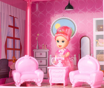 Casuta de Papusi cu Mobilier Dream House idealSTORE, Dimensiuni 46 x 60 x 17 cm, Include 5 camere, Terasa cu Umbrela, 13 Accesorii specifice casei, O Papusa Jucausa, Toate intr-un decor de poveste, Constructie Solida