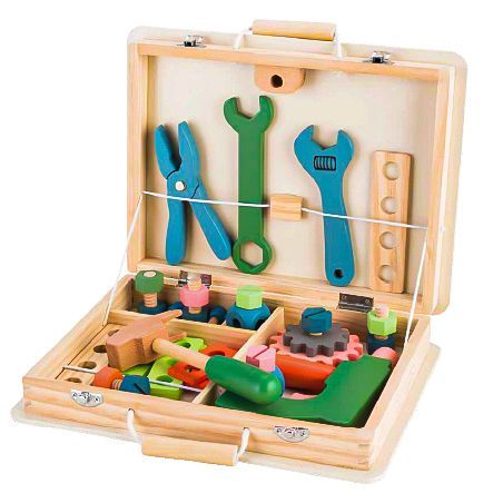 Set iMK cutie de scule lemn tip valiza, multiple instrumente si accesorii, fara margini ascutite, 29.5 x 25.5 cm