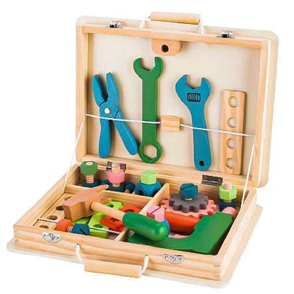 Set iMK cutie de scule lemn tip valiza, multiple instrumente si accesorii, fara margini ascutite, 29.5 x 25.5 cm