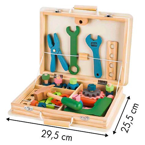 Set iMK cutie de scule lemn tip valiza, multiple instrumente si accesorii, fara margini ascutite, 29.5 x 25.5 cm