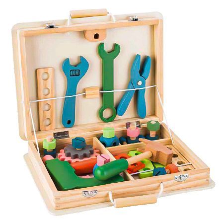 Set iMK cutie de scule lemn tip valiza, multiple instrumente si accesorii, fara margini ascutite, 29.5 x 25.5 cm