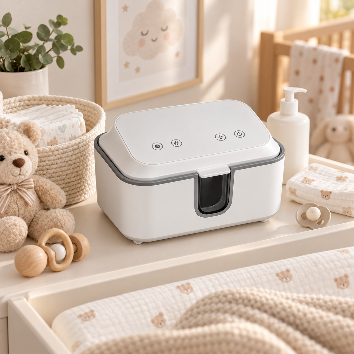 Incalzitor servetele umede idealSTORE pentru bebelusi, 3 niveluri temperatura, capacitate 80 servetele, panou tactil