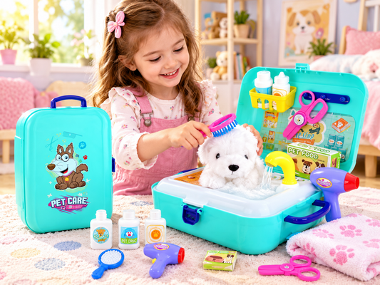 Kit de infrumusetare pentru Catelus idealStore Fashion Dog, cu Perie, Uscator, Foarfece, dezvolta Responsabilitatea si Ingrijirea Animalutelor de Companie