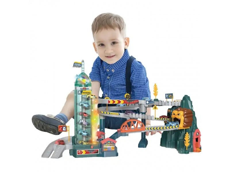 Pista de masini supraetajata AliBibi, masinute incluse, tunel cu leu, lift automat, parcare si service auto