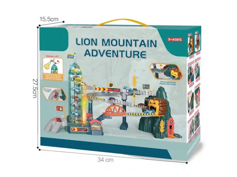 Pista de masini supraetajata AliBibi, masinute incluse, tunel cu leu, lift automat, parcare si service auto