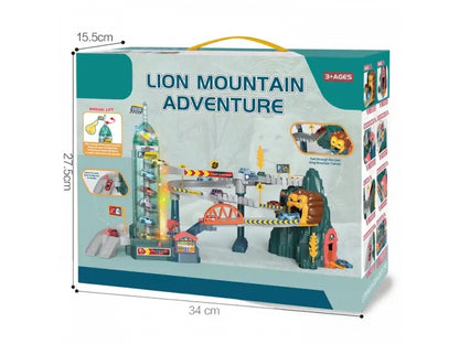 Pista de masini supraetajata AliBibi, masinute incluse, tunel cu leu, lift automat, parcare si service auto