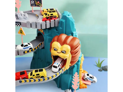 Pista de masini supraetajata AliBibi, masinute incluse, tunel cu leu, lift automat, parcare si service auto