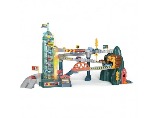 Pista de masini supraetajata AliBibi, masinute incluse, tunel cu leu, lift automat, parcare si service auto