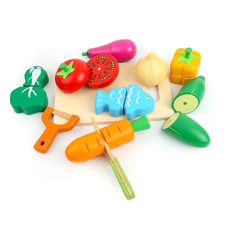 Jucarie educativa, Ladita din lemn cu legume si fructe pentru feliat, 14 piese