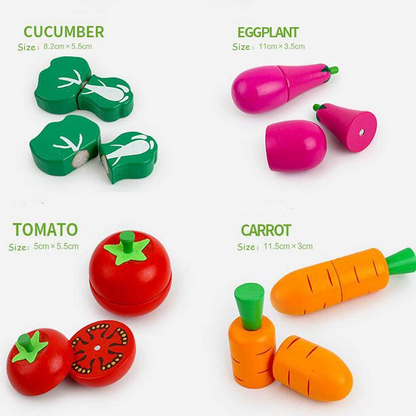 Jucarie educativa, Ladita din lemn cu legume si fructe pentru feliat, 14 piese