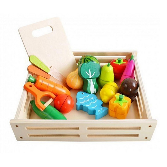 Jucarie educativa, Ladita din lemn cu legume si fructe pentru feliat, 14 piese