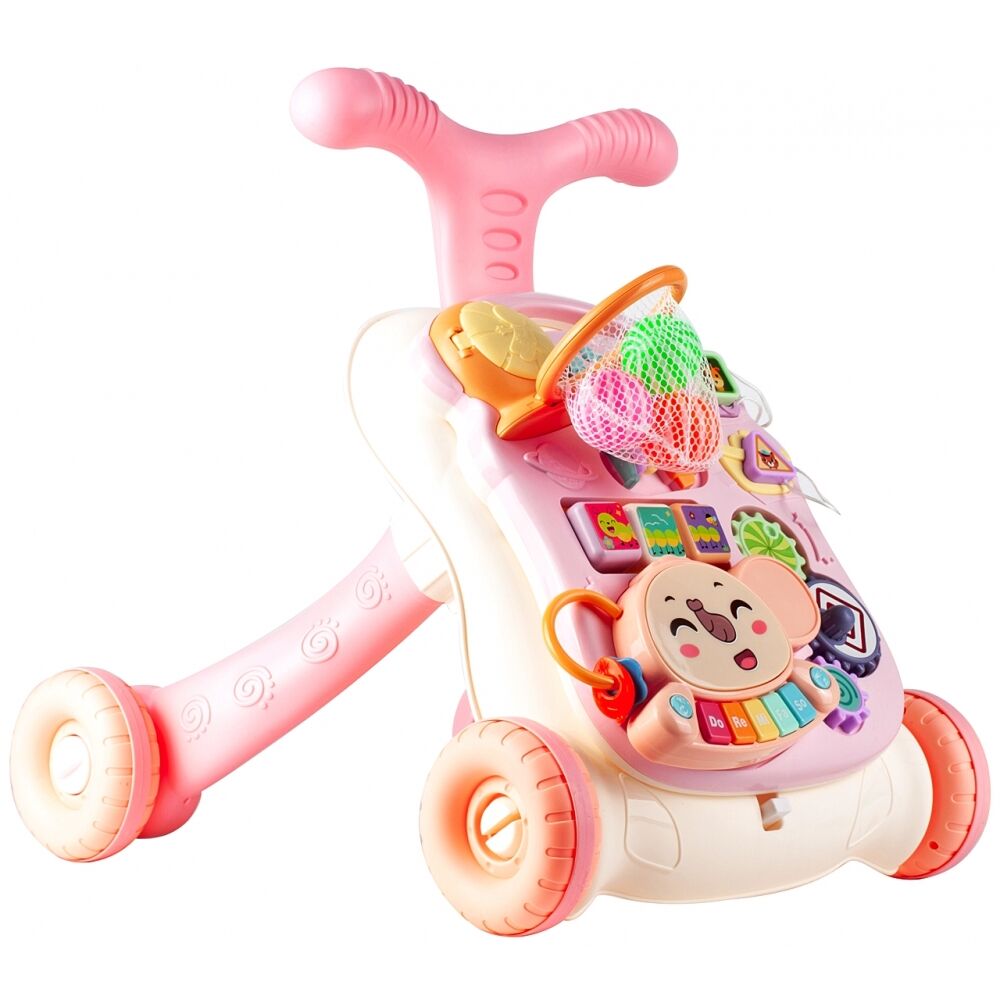 Antemergator si centru interactiv, masuta interactiva detasabila, panou cu multiple activitati, pian multicolor, cos de baschet SOLTOY Elephant Musical Stroller Pink