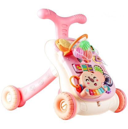 Antemergator si centru interactiv, masuta interactiva detasabila, panou cu multiple activitati, pian multicolor, cos de baschet SOLTOY Elephant Musical Stroller Pink