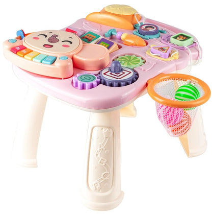 Antemergator si centru interactiv, masuta interactiva detasabila, panou cu multiple activitati, pian multicolor, cos de baschet SOLTOY Elephant Musical Stroller Pink