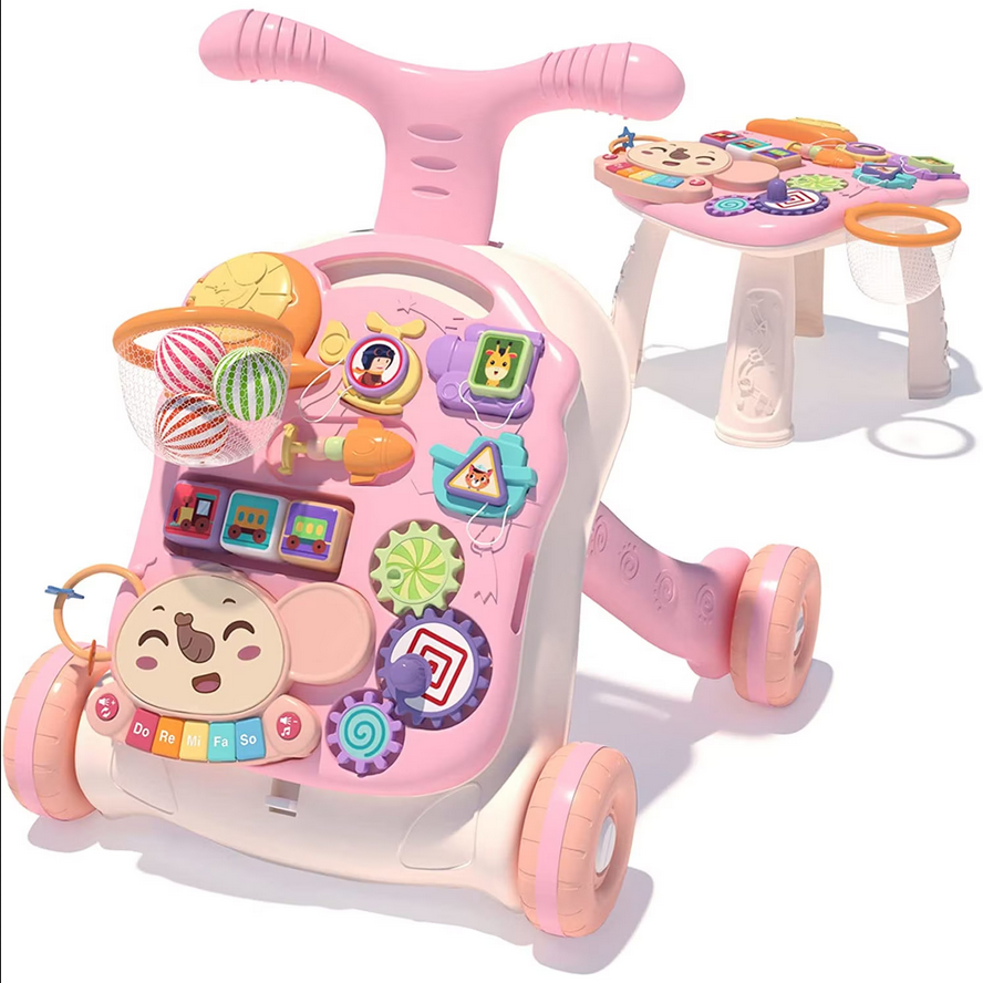 Antemergator si centru interactiv, masuta interactiva detasabila, panou cu multiple activitati, pian multicolor, cos de baschet SOLTOY Elephant Musical Stroller Pink