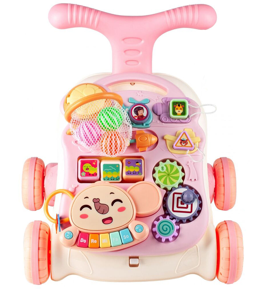 Antemergator si centru interactiv, masuta interactiva detasabila, panou cu multiple activitati, pian multicolor, cos de baschet SOLTOY Elephant Musical Stroller Pink
