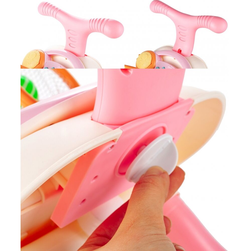 Antemergator si centru interactiv, masuta interactiva detasabila, panou cu multiple activitati, pian multicolor, cos de baschet SOLTOY Elephant Musical Stroller Pink