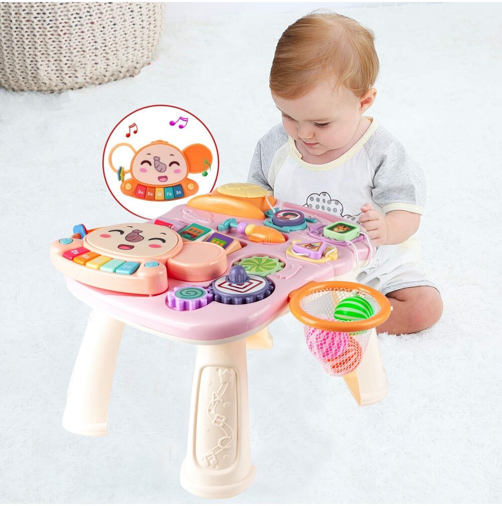 Antemergator si centru interactiv, masuta interactiva detasabila, panou cu multiple activitati, pian multicolor, cos de baschet SOLTOY Elephant Musical Stroller Pink