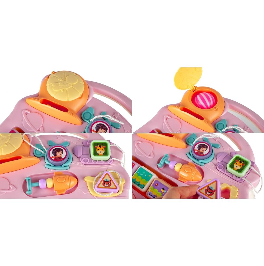 Antemergator si centru interactiv, masuta interactiva detasabila, panou cu multiple activitati, pian multicolor, cos de baschet SOLTOY Elephant Musical Stroller Pink