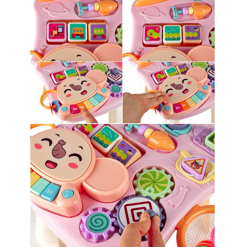 Antemergator si centru interactiv, masuta interactiva detasabila, panou cu multiple activitati, pian multicolor, cos de baschet SOLTOY Elephant Musical Stroller Pink