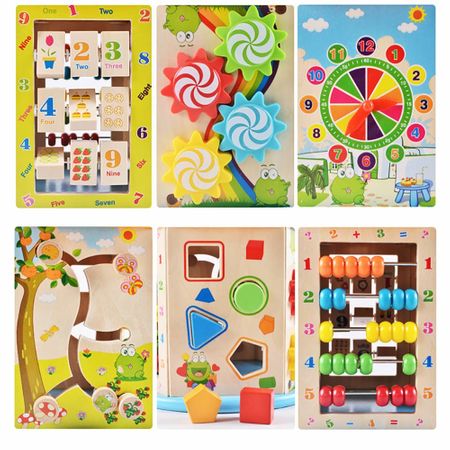 Jucarie educativa si interactiva din lemn 'Cub Froggy', 8 in 1, Multiple fete de joc, Ceas, Puzzle, Labirinturi, etc