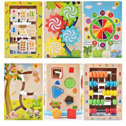 Jucarie educativa si interactiva din lemn 'Cub Froggy', 8 in 1, Multiple fete de joc, Ceas, Puzzle, Labirinturi, etc