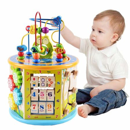 Jucarie educativa si interactiva din lemn 'Cub Froggy', 8 in 1, Multiple fete de joc, Ceas, Puzzle, Labirinturi, etc