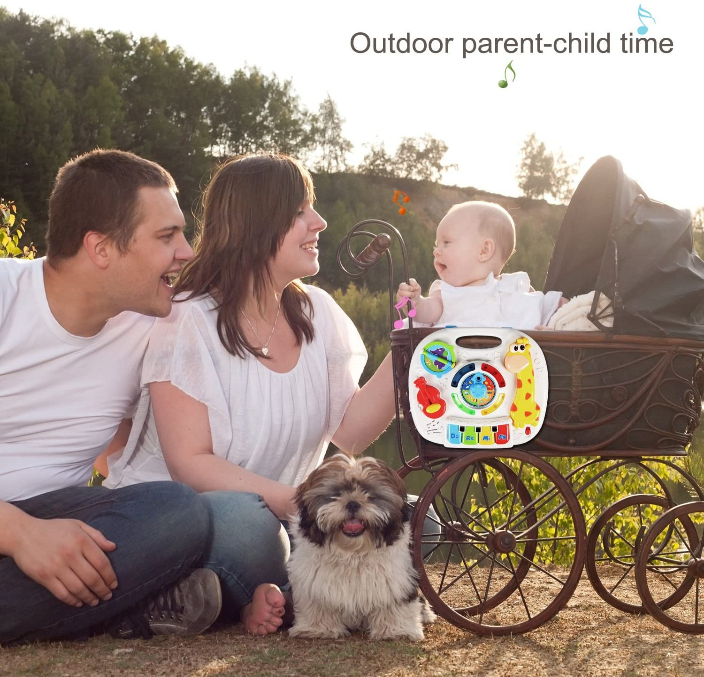 Masuta interactiva de activitati Musical Giraffe pentru bebelusi cu sunete, lumini, taste pian si diferite activitati