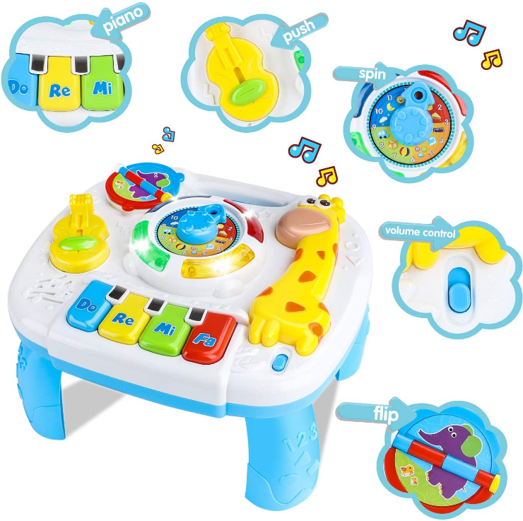 Masuta interactiva de activitati Musical Giraffe pentru bebelusi cu sunete, lumini, taste pian si diferite activitati