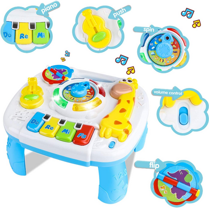 Masuta interactiva de activitati Musical Giraffe pentru bebelusi cu sunete, lumini, taste pian si diferite activitati