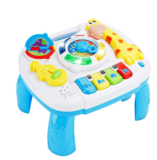 Masuta interactiva de activitati Musical Giraffe pentru bebelusi cu sunete, lumini, taste pian si diferite activitati