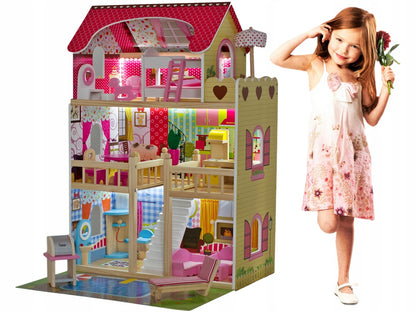 Casuta de papusi din lemn natural fara margini ascutite, 'ISP Doll House Pool' cu 3 Nivele, 5 Camere si Terasa, Gratar, Piscina, Sezlong, Umbrela, Banda LED, 90x60x30 CM