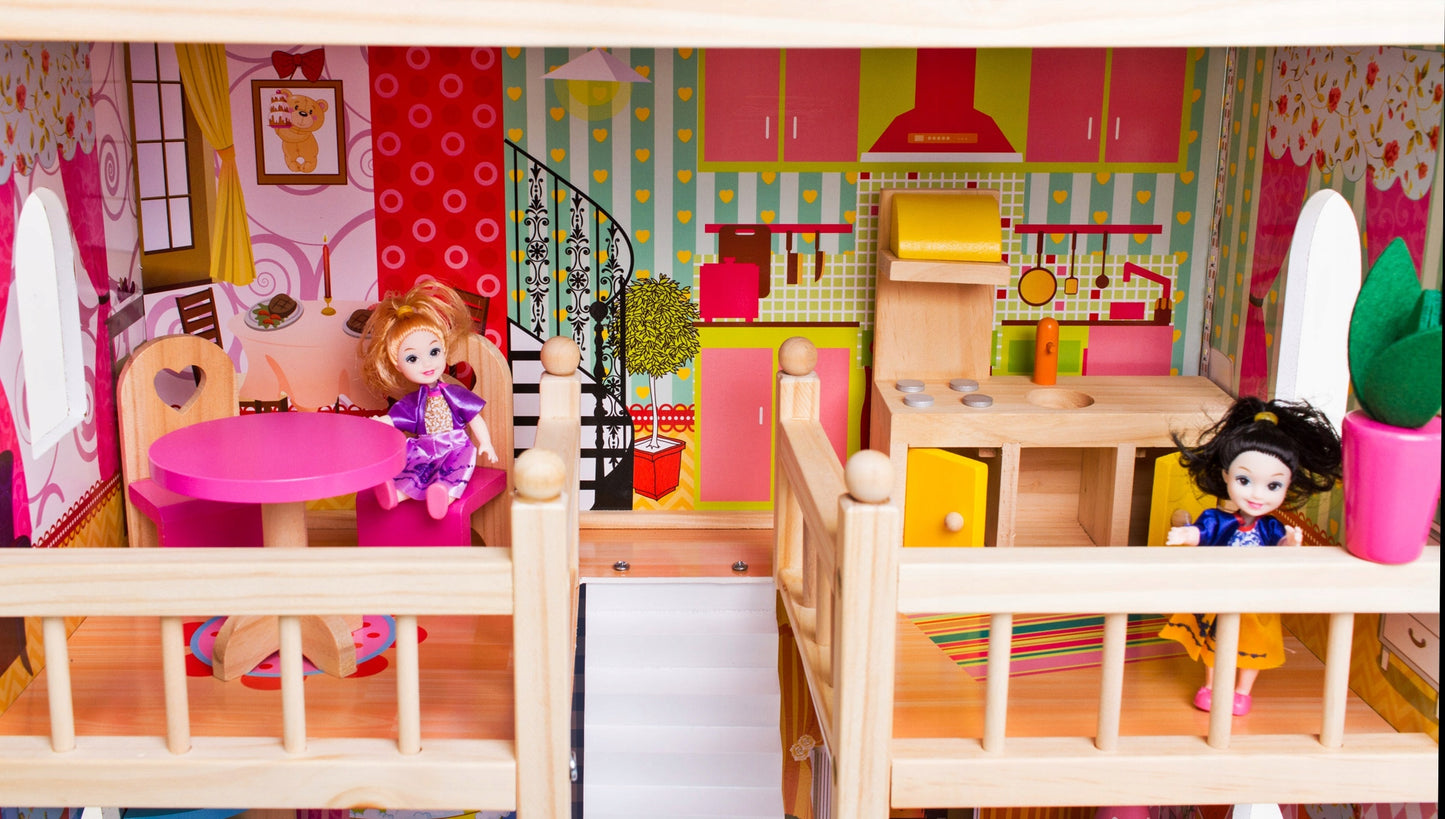 Casuta de papusi din lemn natural fara margini ascutite, 'ISP Doll House Pool' cu 3 Nivele, 5 Camere si Terasa, Gratar, Piscina, Sezlong, Umbrela, Banda LED, 90x60x30 CM