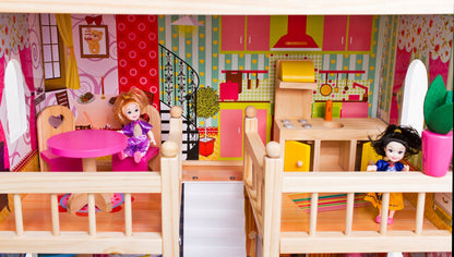 Casuta de papusi din lemn natural fara margini ascutite, 'ISP Doll House Pool' cu 3 Nivele, 5 Camere si Terasa, Gratar, Piscina, Sezlong, Umbrela, Banda LED, 90x60x30 CM