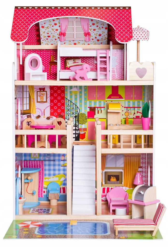 Casuta de papusi din lemn natural fara margini ascutite, 'ISP Doll House Pool' cu 3 Nivele, 5 Camere si Terasa, Gratar, Piscina, Sezlong, Umbrela, Banda LED, 90x60x30 CM
