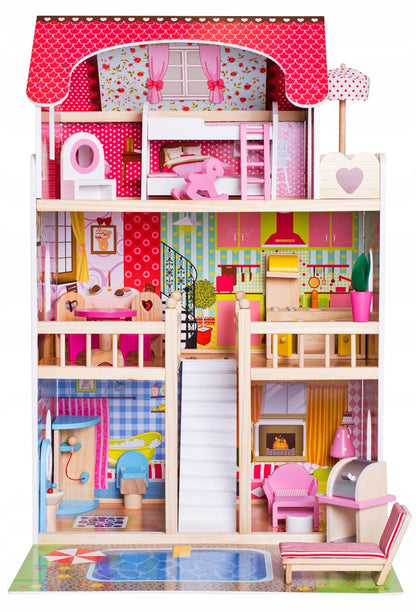 Casuta de papusi din lemn natural fara margini ascutite, 'ISP Doll House Pool' cu 3 Nivele, 5 Camere si Terasa, Gratar, Piscina, Sezlong, Umbrela, Banda LED, 90x60x30 CM