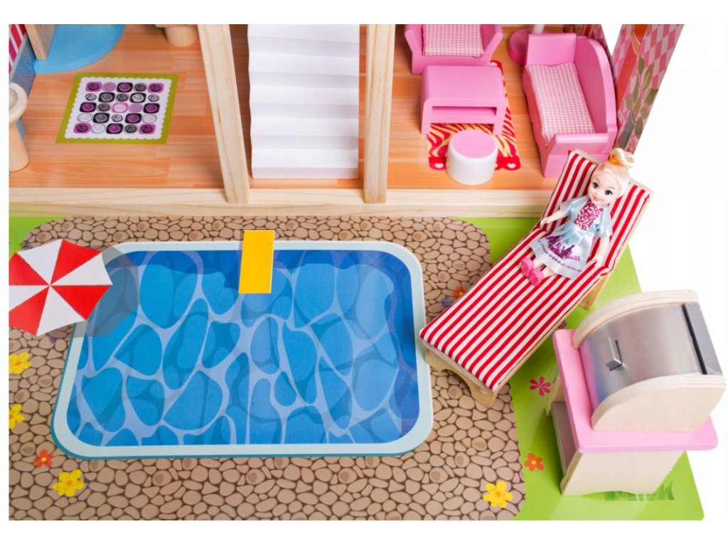 Casuta de papusi din lemn natural fara margini ascutite, 'ISP Doll House Pool' cu 3 Nivele, 5 Camere si Terasa, Gratar, Piscina, Sezlong, Umbrela, Banda LED, 90x60x30 CM