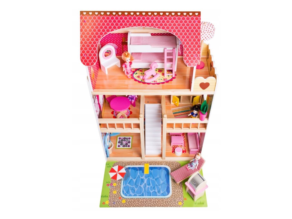 Casuta de papusi din lemn natural fara margini ascutite, 'ISP Doll House Pool' cu 3 Nivele, 5 Camere si Terasa, Gratar, Piscina, Sezlong, Umbrela, Banda LED, 90x60x30 CM