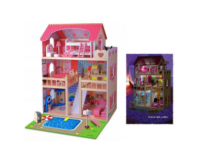 Casuta de papusi din lemn natural fara margini ascutite, 'ISP Doll House Pool' cu 3 Nivele, 5 Camere si Terasa, Gratar, Piscina, Sezlong, Umbrela, Banda LED, 90x60x30 CM