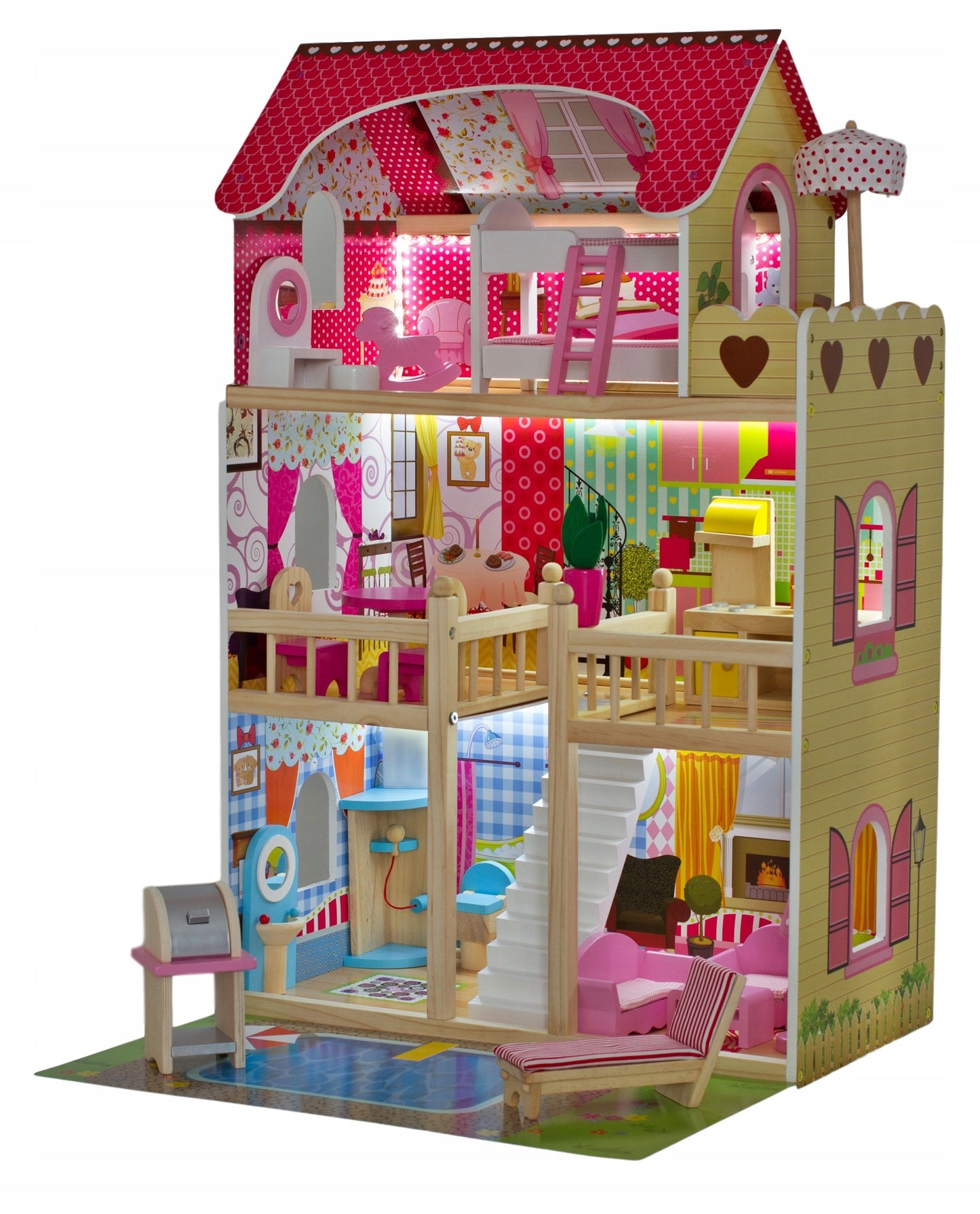 Casuta de papusi din lemn natural fara margini ascutite, 'ISP Doll House Pool' cu 3 Nivele, 5 Camere si Terasa, Gratar, Piscina, Sezlong, Umbrela, Banda LED, 90x60x30 CM