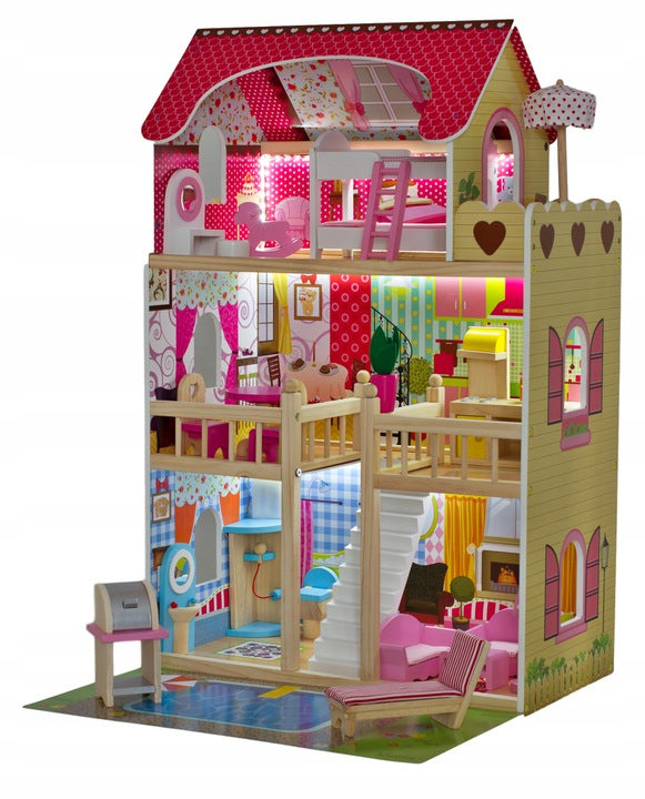 Casuta de papusi din lemn natural fara margini ascutite, 'ISP Doll House Pool' cu 3 Nivele, 5 Camere si Terasa, Gratar, Piscina, Sezlong, Umbrela, Banda LED, 90x60x30 CM