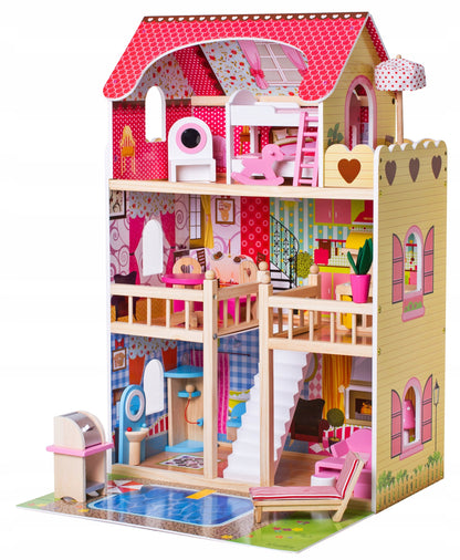 Casuta de papusi din lemn natural fara margini ascutite, 'ISP Doll House Pool' cu 3 Nivele, 5 Camere si Terasa, Gratar, Piscina, Sezlong, Umbrela, Banda LED, 90x60x30 CM