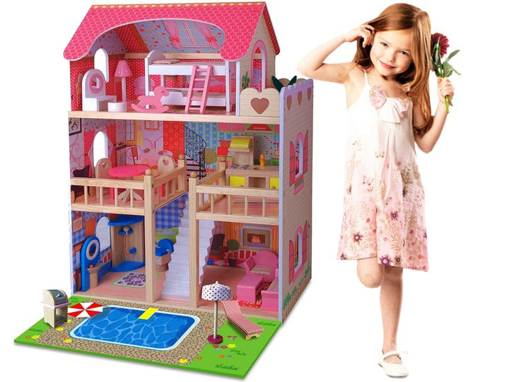 Casuta de papusi din lemn natural fara margini ascutite, 'ISP Doll House Pool' cu 3 Nivele, 5 Camere si Terasa, Gratar, Piscina, Sezlong, Umbrela, Banda LED, 90x60x30 CM