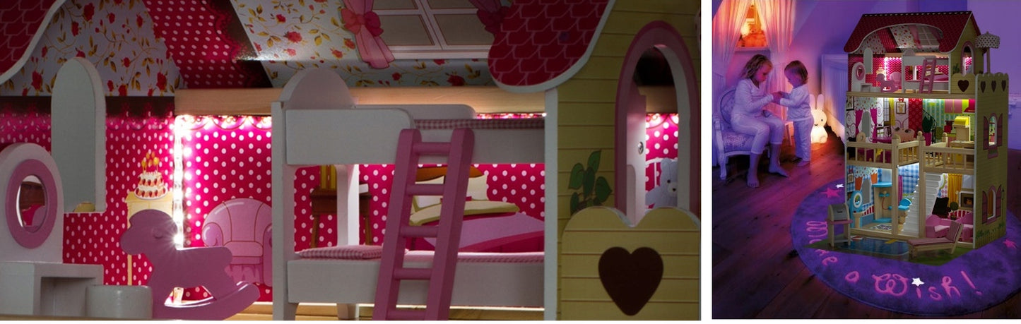 Casuta de papusi din lemn natural fara margini ascutite, 'ISP Doll House Pool' cu 3 Nivele, 5 Camere si Terasa, Gratar, Piscina, Sezlong, Umbrela, Banda LED, 90x60x30 CM