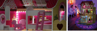 Casuta de papusi din lemn natural fara margini ascutite, 'ISP Doll House Pool' cu 3 Nivele, 5 Camere si Terasa, Gratar, Piscina, Sezlong, Umbrela, Banda LED, 90x60x30 CM