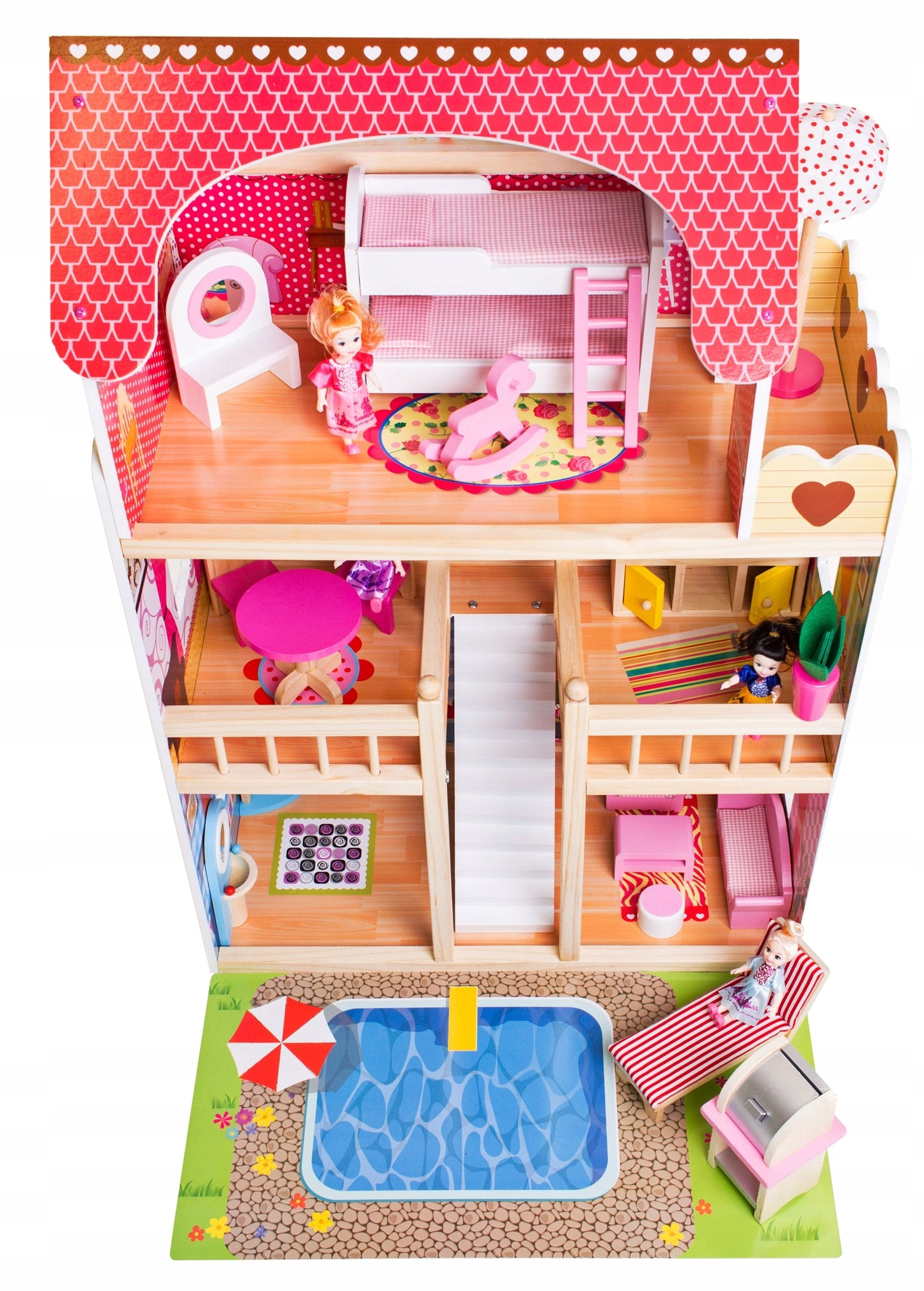 Casuta de papusi din lemn natural fara margini ascutite, 'ISP Doll House Pool' cu 3 Nivele, 5 Camere si Terasa, Gratar, Piscina, Sezlong, Umbrela, Banda LED, 90x60x30 CM